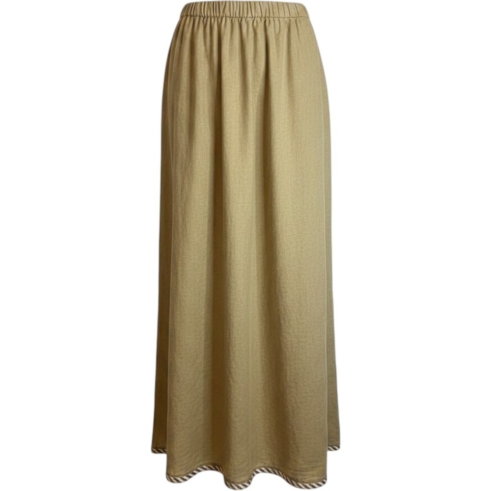 Visual Professional Tan Rayon‎ Elastic Waist Maxi Skirt Back Slit Made in USA OS